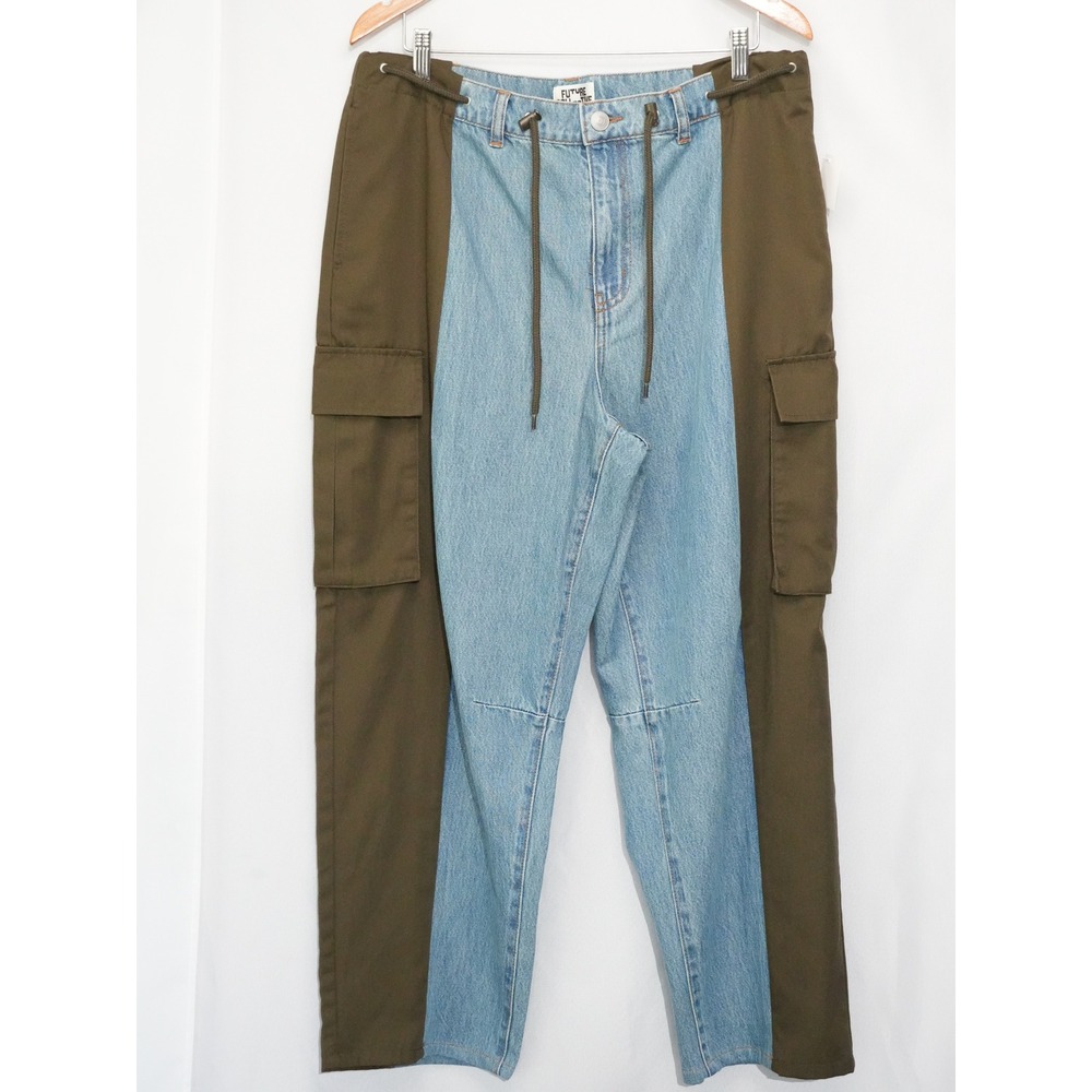 Future Collective Cargo Pants Women Size 14 Blue Olive Colorblock Mixed Media